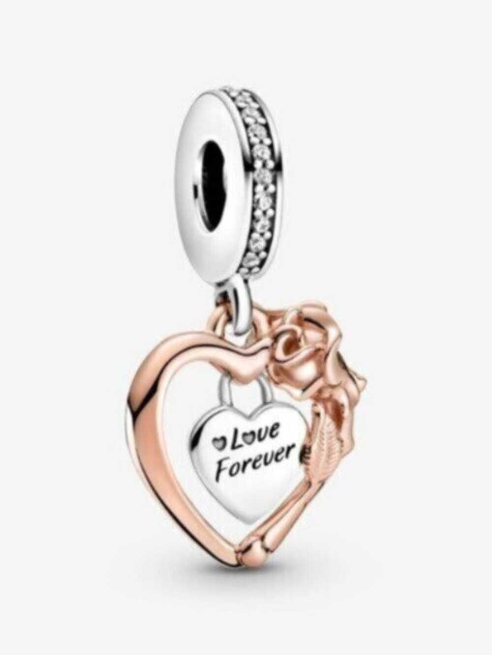 Pandora Heart & Rose Flower Dangle Charm